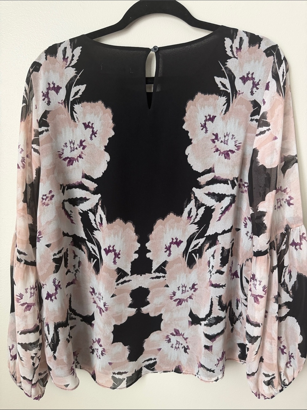 Calvin Klein Black Blouse with Soft Pink and Mauve Floral Print - Picture 7 of 11